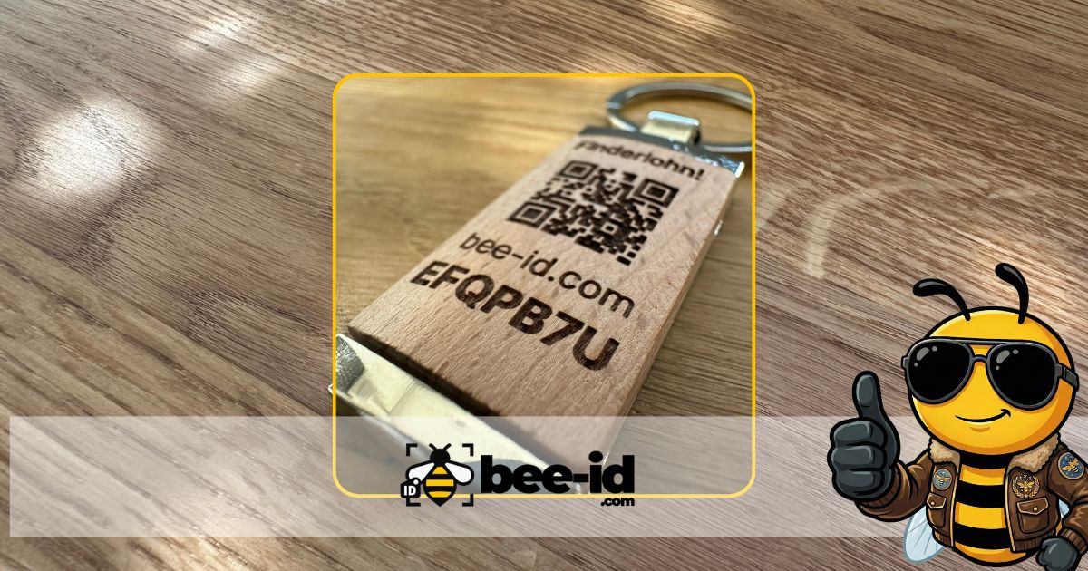 Bee-ID QR Code Schlüsselanhänger aus Holz – Finderlohn! bee-id.com – lasergraviert, sofort scanbar